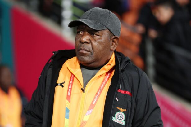 Bruce Mwape, Head Coach of Zambia, looks on prior to the FIFA Women's World Cup Australia & New Zealand 2023 Group C match between Costa Rica and Zambia at Waikato Stadium on July 31, 2023 in Hamilton, New Zealand. (Photo by Buda Mendes/ Getty Images)