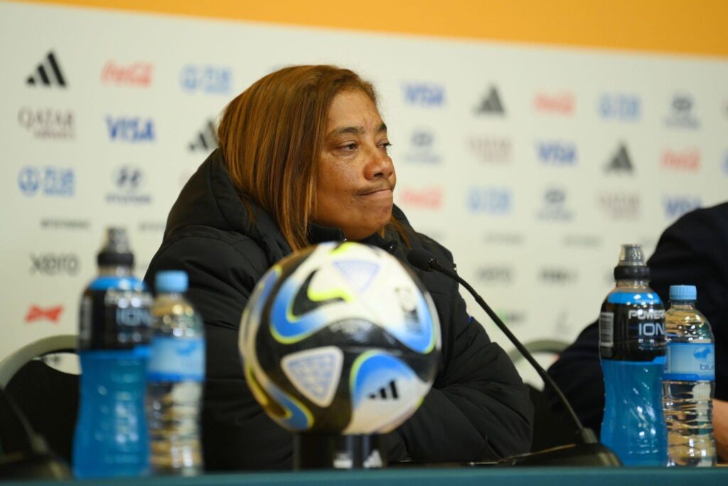 Desiree Ellis, Head Coach of South Africa, speaks to the media in the post match press conference after the FIFA Women's World Cup Australia & New Zealand 2023 Group G match between Argentina and South Africa at Dunedin Stadium on July 28, 2023 in Dunedin / Ōtepoti, New Zealand. (Photo by Joe Allison - FIFA/FIFA via Getty Images)