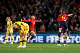 Eva Navarro, Aitana Bonmati and Esther Gonzalez of Spain celebrate the team’s 2-1 victory and advance to the final following during the FIFA Women's World Cup Australia & New Zealand 2023 Semi Final match between Spain and Sweden at Eden Park on August 15, 2023 in Auckland, New Zealand. (Photo by Phil Walter/Getty Images)