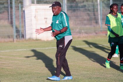 Copper Queens coach Bruce Mwape issues instructions during training at Moulay Rachid complex in Rabat. (Photo via FAZ Facebook)