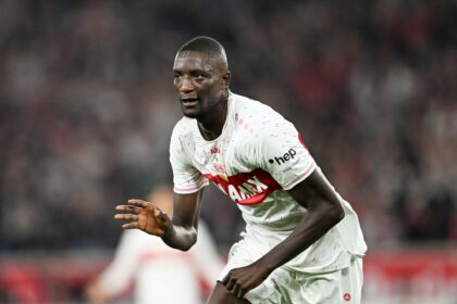 Sehrou Guirassy of VfB Stuttgart celebrates after scoring their sides second goal during the Bundesliga match between VfB Stuttgart and SV Darmstadt 98 at MHPArena on September 22, 2023 in Stuttgart, Germany. (Photo by Christian Kaspar-Bartke/Getty Images)