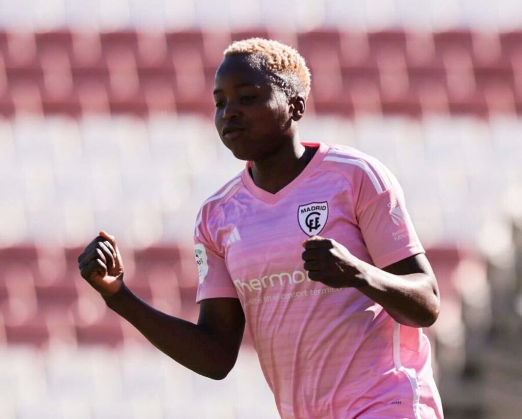 Racheal Kundananji celebrates her hat-trick for Madrid CF against Sevilla. (Picture via Madrid CF media)