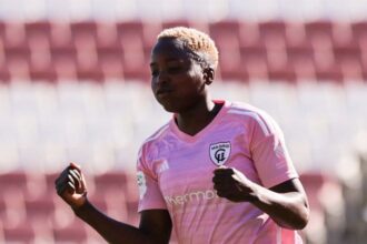 Racheal Kundananji celebrates her hat-trick for Madrid CF against Sevilla. (Picture via Madrid CF media)