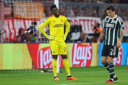 Andre Onana looks dejected during the UEFA Champions League match between FC Bayern München and Manchester United at Allianz Arena on September 20, 2023 in Munich, Germany. (Photo by James Gill - Danehouse/Getty Images)
