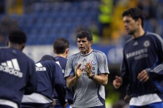 Baltemar Brito with Chelsea players before their match against Fulham while serving as Chelsea's Assistant manager (Photo by Rebecca Naden - PA Images/PA Images via Getty Images)