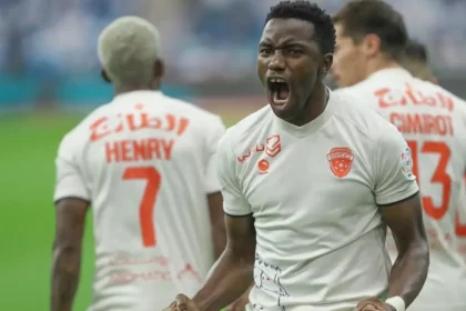 Fashion Sakala celebrates his goal for Al Fayha in the Saudi Pro League. (Picture via IG/@alfaihaclub)