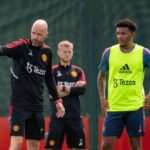 Manager Erik ten Hag and Jadon Sancho of Manchester United in action during a first team training session at Carrington Training Ground on June 30, 2022 in Manchester, England. (Photo by Ash Donelon/Manchester United via Getty Images)