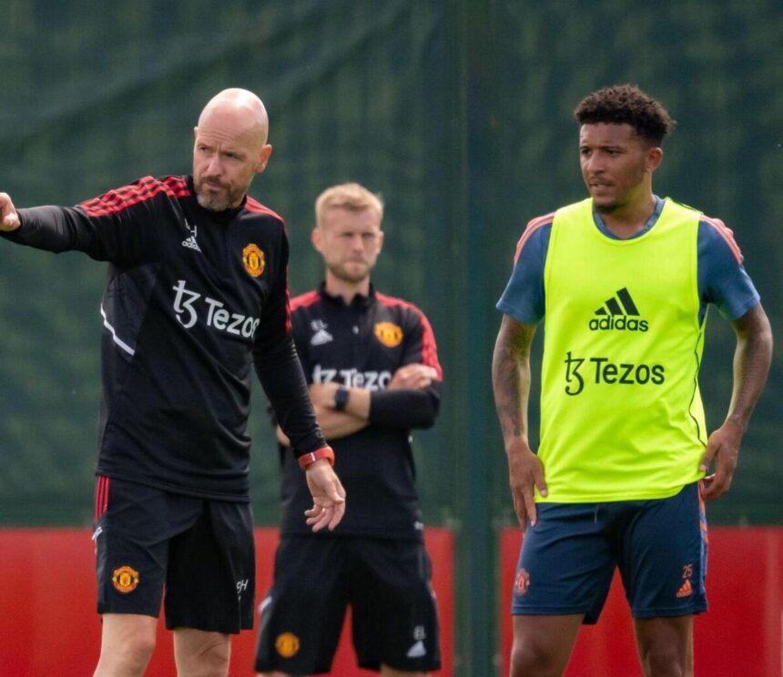 Manager Erik ten Hag and Jadon Sancho of Manchester United in action during a first team training session at Carrington Training Ground on June 30, 2022 in Manchester, England. (Photo by Ash Donelon/Manchester United via Getty Images)