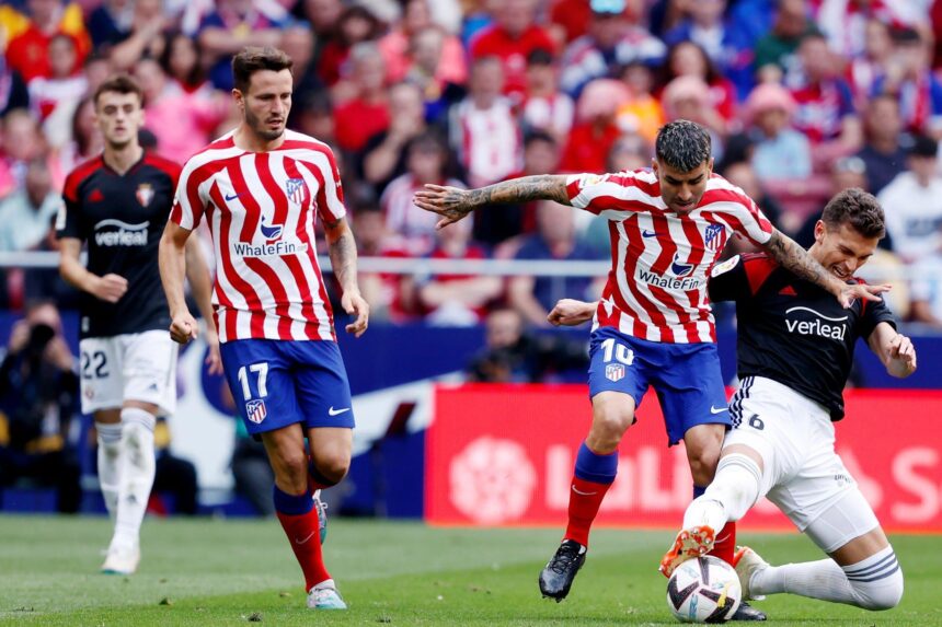 MADRID, SPAIN - MAY 21: (L-R) Angel Correa of Atletico Madrid, Lucas Torro of CA Osasuna during the La Liga EA Sports match between Atletico Madrid v Osasuna at the Estadio Civitas Metropolitano on May 21, 2023 in Madrid Spain (Photo by Soccrates/Getty Images)