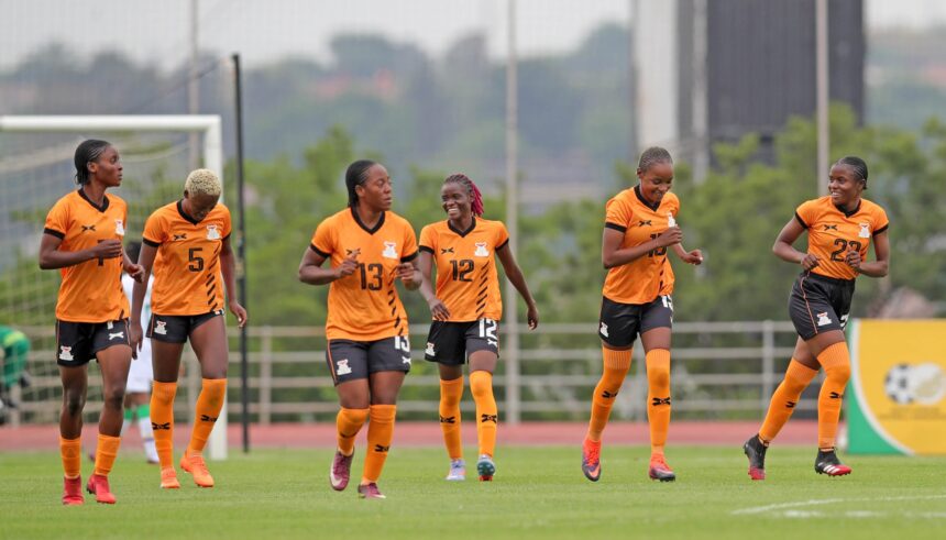 Pauline Zulu of Zambia celebrates goal with teammates during the 2023 Hollywoodlbets COSAFA Womens Championship match between Zambia and Comoros at UJ Stadium in Johannesburg on 10 September 2023 ©Samuel Shivambu/BackpagePix