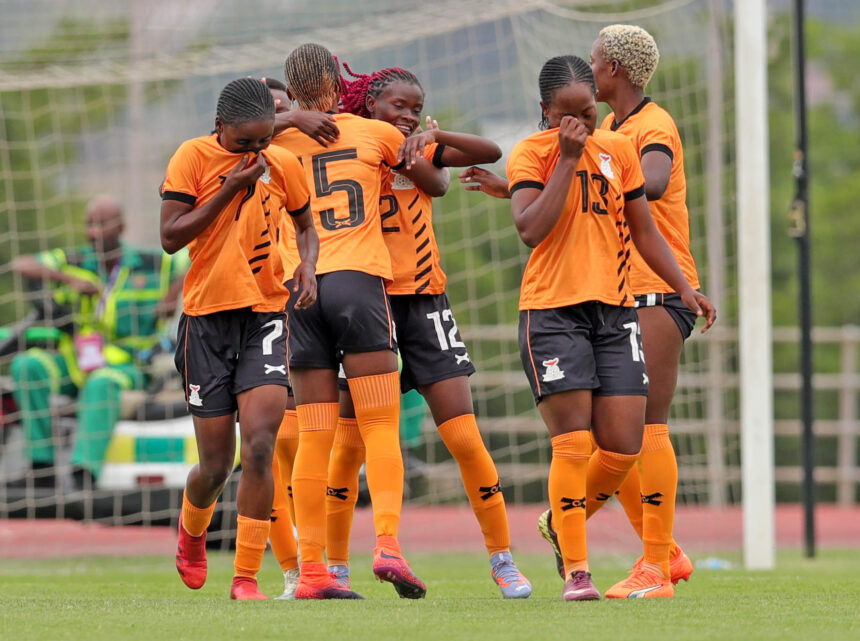 Pauline Zulu of Zambia celebrates goal with teammates during the 2023 Hollywoodlbets COSAFA Womens Championship match between Zambia and Comoros at UJ Stadium in Johannesburg on 10 September 2023 ©Samuel Shivambu/BackpagePix