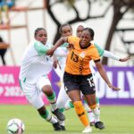 Sarah Jere challenged by Dalila Damdji Adinane of Comoros during the 2023 COSAFA Womens Championship match between Zambia and Comoros at UJ Stadium in Johannesburg on 10 September 2023 (Photo by Samuel Shivambu/BackpagePix)