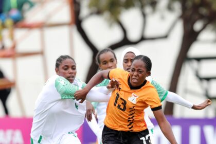 Sarah Jere challenged by Dalila Damdji Adinane of Comoros during the 2023 COSAFA Womens Championship match between Zambia and Comoros at UJ Stadium in Johannesburg on 10 September 2023 (Photo by Samuel Shivambu/BackpagePix)