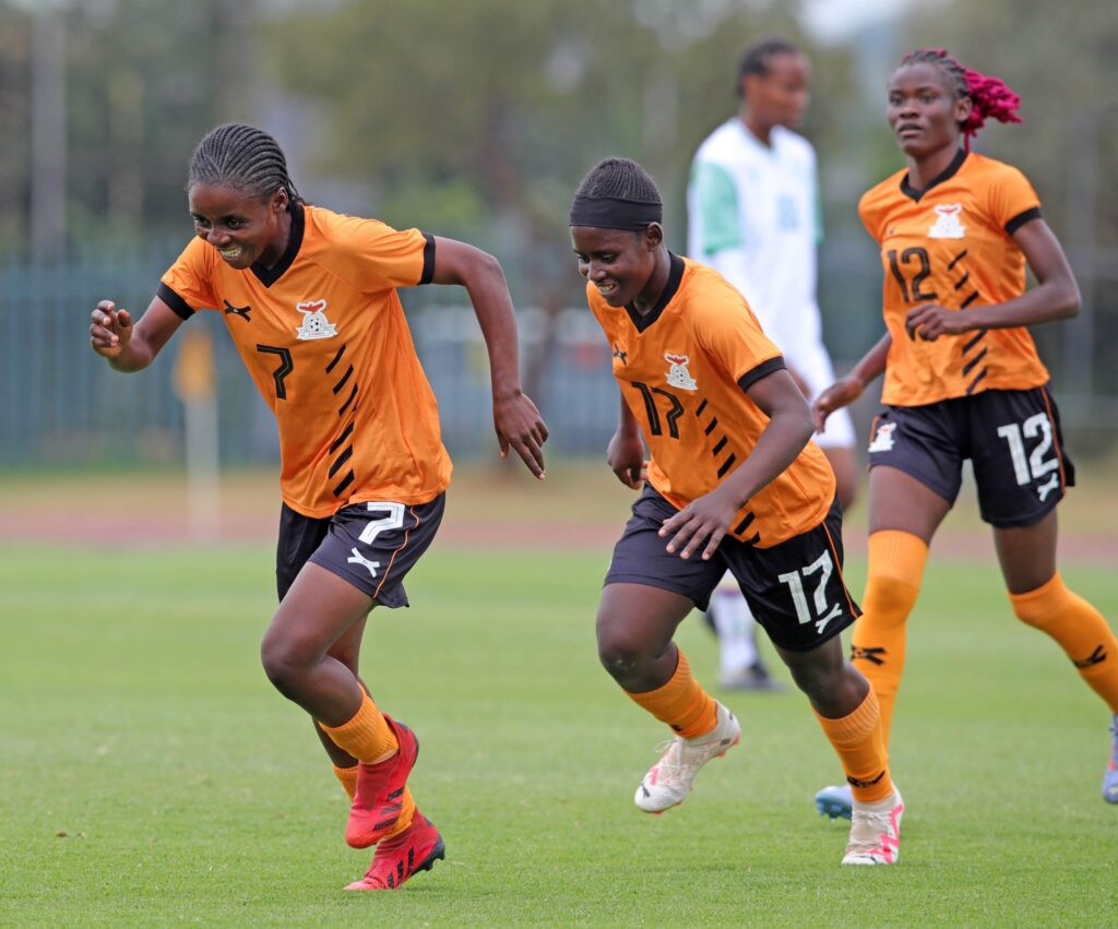 Fridah Kabwe of Zambia celebrates goal with teammates during the 2023 Hollywoodlbets COSAFA Womens Championship match between Zambia and Comoros at UJ Stadium in Johannesburg on 10 September 2023 ©Samuel Shivambu/BackpagePix