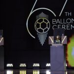 A general view of the Ballon D'Or trophy at the 67th Ballon D'Or Ceremony at Theatre Du Chatelet on October 30, 2023 in Paris, France. (Photo by Pascal Le Segretain/Getty Images)