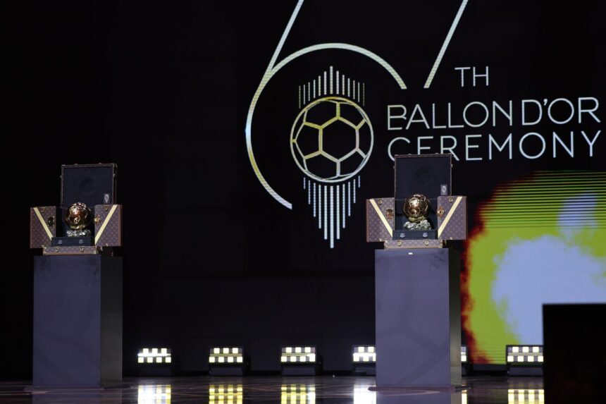 A general view of the Ballon D'Or trophy at the 67th Ballon D'Or Ceremony at Theatre Du Chatelet on October 30, 2023 in Paris, France. (Photo by Pascal Le Segretain/Getty Images)