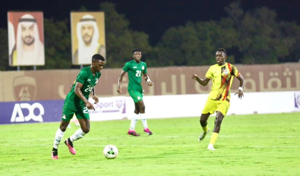 Zephaniah Phiri in posssesion of the ball against Uganda at the Mohammed Bin Zayed Stadium in Abu Dhabi. (Photo via Uganda Cranes)