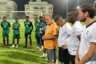 Avram Grant (In an orange shirt) with his assistants and players during training at Khalifa bin Zayed stadium complex. (Picture via FAZ media)