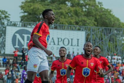 Andrew jumps in celebration of his goal against the Napsa Stars. (Photo via FC MUZA media)