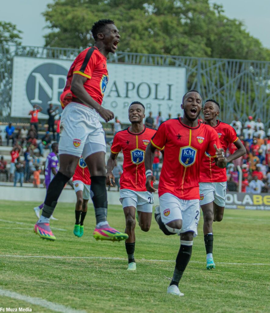 Andrew jumps in celebration of his goal against the Napsa Stars. (Photo via FC MUZA media)