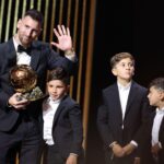 Lionel Messi and sons Thiago Messi, Mateo Messi Roccuzzo and Ciro Messi Roccuzz attend the 67th Ballon D'Or Ceremony at Theatre Du Chatelet on October 30, 2023 in Paris, France. (Photo by Pascal Le Segretain/Getty Images)