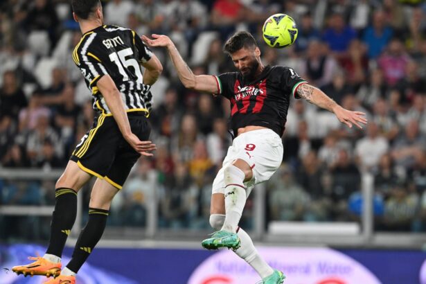Olivier Giroud of AC Milan scores the goal during the Serie A match between Juventus and AC Milan at Allianz Stadium on May 28, 2023 in Turin, Italy. (Photo by Claudio Villa/AC Milan via Getty Images)