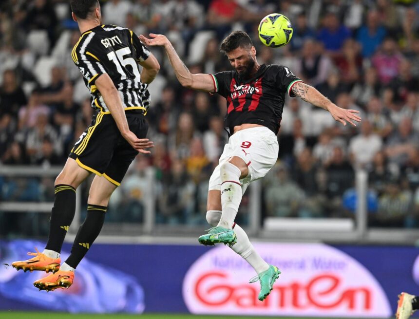 Olivier Giroud of AC Milan scores the goal during the Serie A match between Juventus and AC Milan at Allianz Stadium on May 28, 2023 in Turin, Italy. (Photo by Claudio Villa/AC Milan via Getty Images)