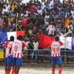 Konkola Blades players and fans celebrate their goal during a Super League match in Chililabombwe. (Photo Konkola Blades media)