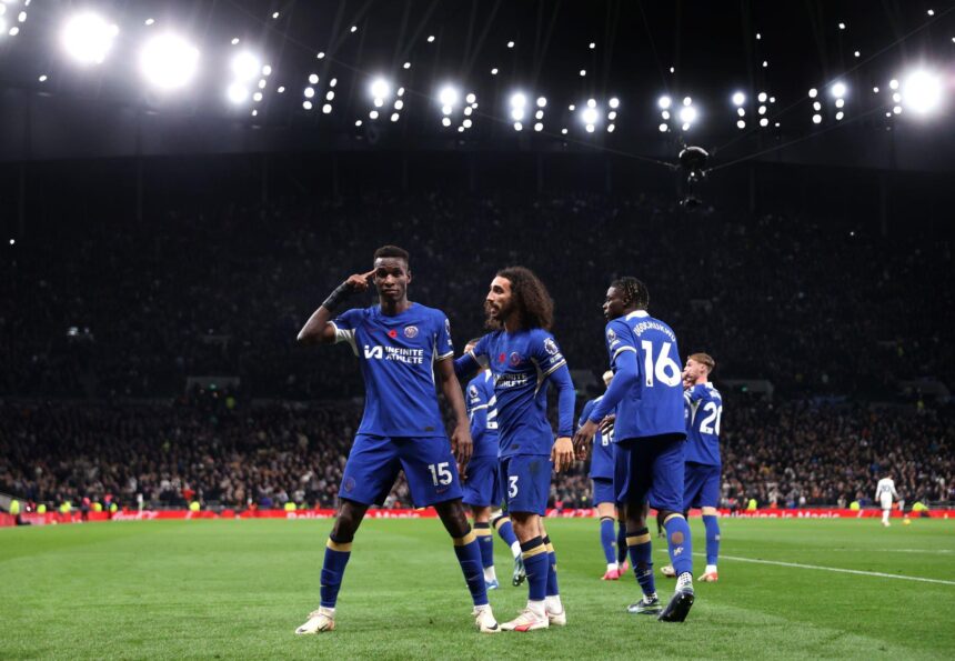 Nicolas Jackson celebrates after scoring Chelsea's fourth goal against Tottenham Hotspur (Photo by Alex Pantling/Getty Images)