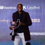 Racheal Jundananji receives an award during the MARCA Women's Sports Awards gala held at the Espacio Rastro Madrid on November 02, 2023, in Madrid, Spain. (Photo By Oscar J. Barroso/Europa Press via Getty Images)
