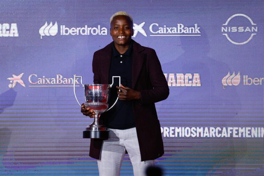 Racheal Jundananji receives an award during the MARCA Women's Sports Awards gala held at the Espacio Rastro Madrid on November 02, 2023, in Madrid, Spain. (Photo By Oscar J. Barroso/Europa Press via Getty Images)