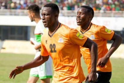 Brian Mwila celebrates after completing his brace against Algeria during the 2018 FIFA World Cup Qualifier match between Zambia and Algeria on September ,2nd 2017 at National Heroes stadium,Lusaka. (Photo via Sid Kalungar/Backpagepix)