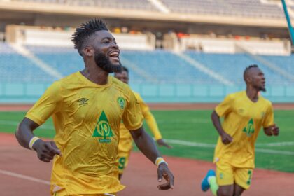 Chitoshi Chinga celebrates with his Forest Rangers teamamtes during a Zambian Super League match. (Photo via Forest Rangers media)