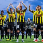 Edward Chilufya and his Hacken teammates celebrate their victory with fans. (Photo via Hacken media)