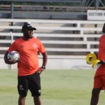 Ian Bakala and his assistant during a training session at the Woodland Staduim in Lusaka. (Photo via Nkana Football Club media)