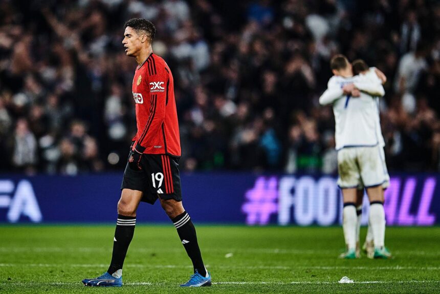 Raphael Varane looks dejected after the Champipns League groupstage match between FC Copenhagen and Manchester United FC at Parken Stadium on November 08, 2023 in Copenhagen, Denmark. (Photo by Jan Christensen / FrontzoneSport via Getty Images)