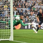 Miguel Almiron of Newcastle United scores the team's first goal during the UEFA Champions League match between Newcastle United FC and Paris Saint-Germain at St. James Park on October 04, 2023 in Newcastle upon Tyne, England. (Photo by Michael Regan/Getty Images)