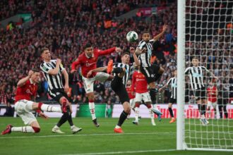 Casemiro of Manchester United scores the team's first goal during the Carabao Cup Final match between Manchester United and Newcastle United at Wembley Stadium on February 26, 2023 in London, England. (Photo by Eddie Keogh/Getty Images)