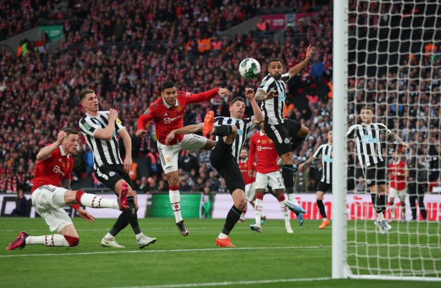 Casemiro of Manchester United scores the team's first goal during the Carabao Cup Final match between Manchester United and Newcastle United at Wembley Stadium on February 26, 2023 in London, England. (Photo by Eddie Keogh/Getty Images)