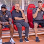 Avram Grant (C) and his assistants Moses Sichone (L) and Marko Balbol (R) at the Levy Mwanawansa stadium during the AFCON qualifier between Zambia and Congo Brazzaville on November, 17, 2023 in Ndola. (Photo/BolaNews Gallery)