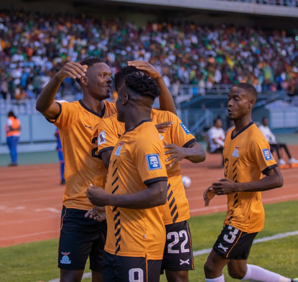 Zambia National Team players celebrate their goal against Congo Brazzaville during the FIFA World Cup Qualifiers on November 17, 2023 in Ndola. (Photo/ BolaNews Gallery)