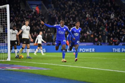 Patson Daka celebrates his goal against Millwall on Decemeber 13, 2023 at the King Power Stadium. (Photo via LCFC media)