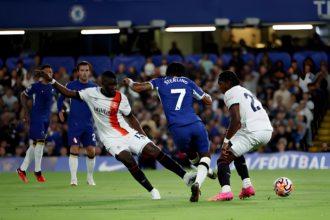 Raheem Sterling of Chelsea scores the team's first goal during the Premier League match between Chelsea FC and Luton Town at Stamford Bridge on August 25, 2023 in London, England. (Photo by Eddie KeoghGetty Images)