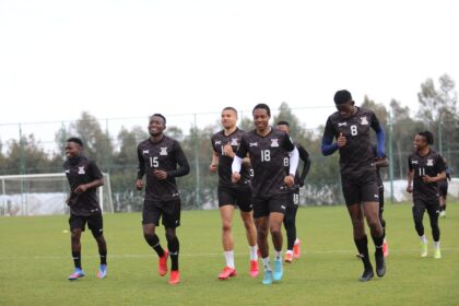 From left to right: Prince Mumba, Dominic Chanda, Frankie Musonda, Enock Mwepu and Aime Mabika during a training session at the Mardan Sports Complex in Antalya, Turkey on March 23, 202 .(Photo via FAZ media)