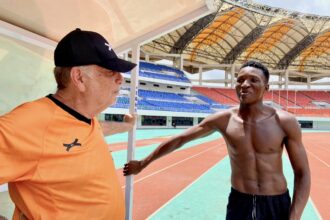 Avram Grant and Muzala Samukonga at the Heroes National Stadium in Lusaka. (Photo via FAZ Media)