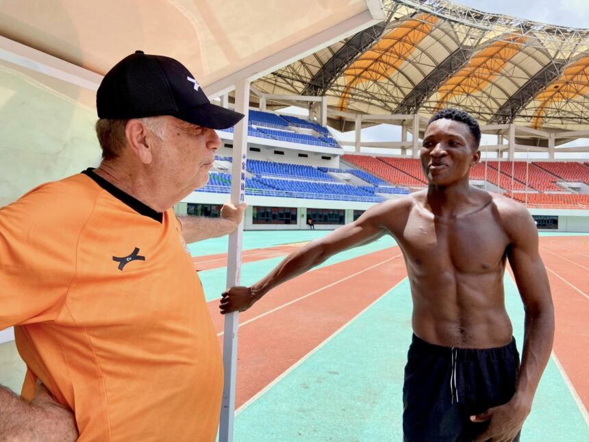 Avram Grant and Muzala Samukonga at the Heroes National Stadium in Lusaka. (Photo via FAZ Media)