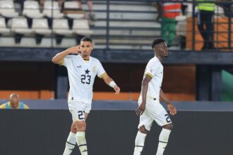 Alexander Djiku (No: 23) celebrating his goal for Ghana against Cape Verde Island. (Photo via CAF media)