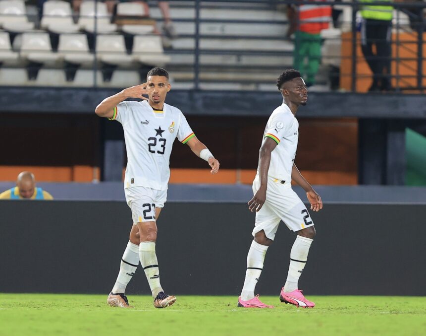 Alexander Djiku (No: 23) celebrating his goal for Ghana against Cape Verde Island. (Photo via CAF media)