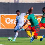 Patson Daka shoots at goal during a friendly match between Zambia and Cameroon in a pre-Afcon friendly game on January 9, 2024 in Saudi Arabia. (Photo via FAZ media)