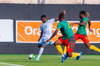 Patson Daka shoots at goal during a friendly match between Zambia and Cameroon in a pre-Afcon friendly game on January 9, 2024 in Saudi Arabia. (Photo via FAZ media)
